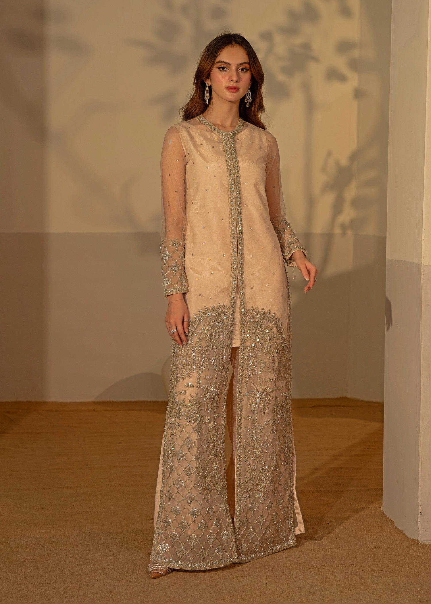 Fone White Embellished Net Long Gown (3-Piece) - Image 7