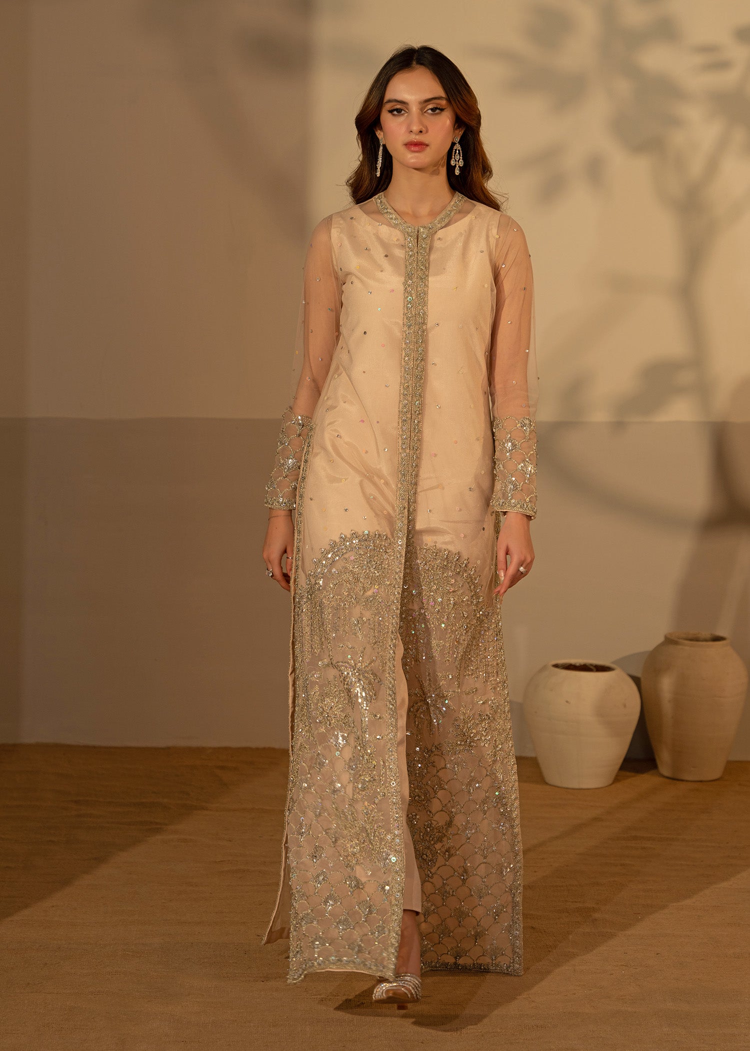 Fone White Embellished Net Long Gown (3-Piece) - Image 8