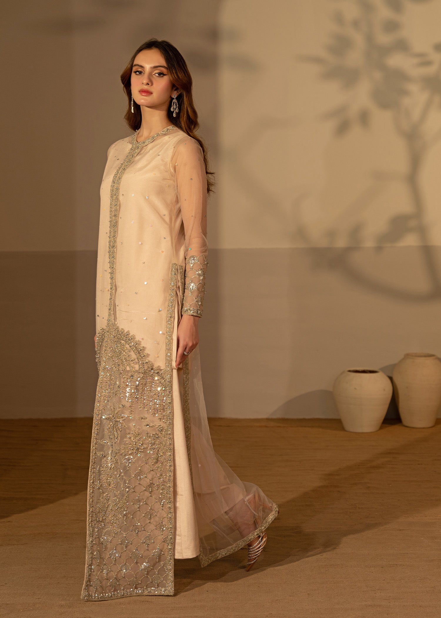 Fone White Embellished Net Long Gown (3-Piece) - Image 9