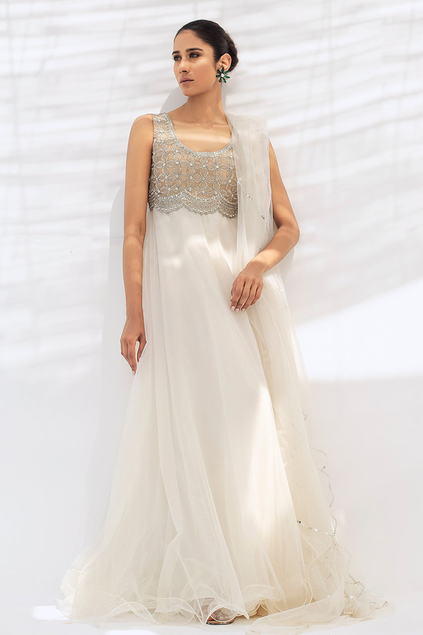 Pakistani Pearl White Embellished Net Gown (1-Pc) - Image 1