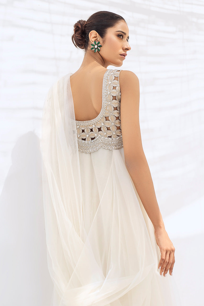 Pakistani Pearl White Embellished Net Gown (1-Pc) - Image 2