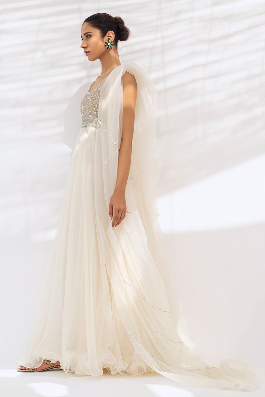Pakistani Pearl White Embellished Net Gown (1-Pc) - Image 3
