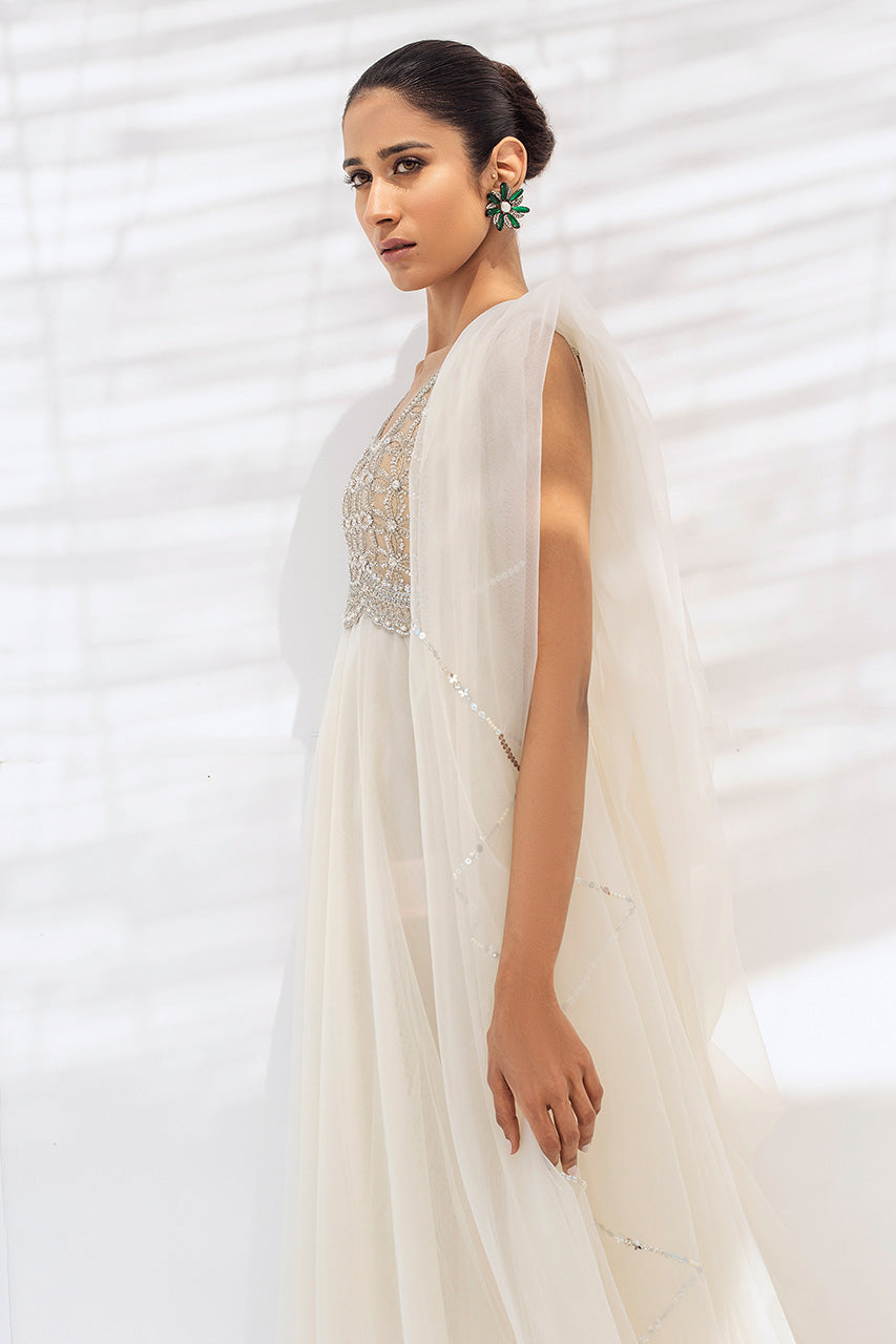 Pakistani Pearl White Embellished Net Gown (1-Pc) - Image 4