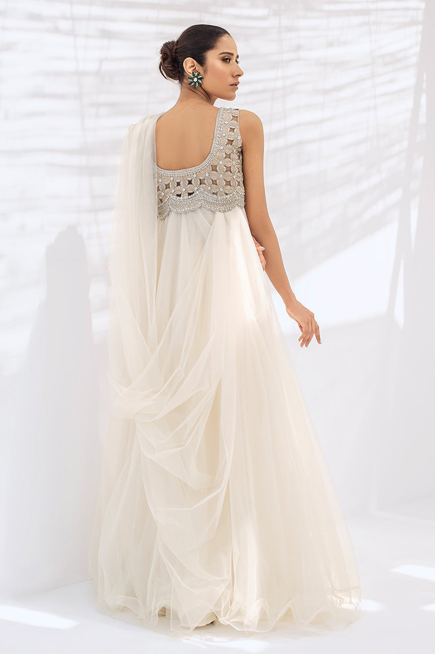 Pakistani Pearl White Embellished Net Gown (1-Pc) - Image 5