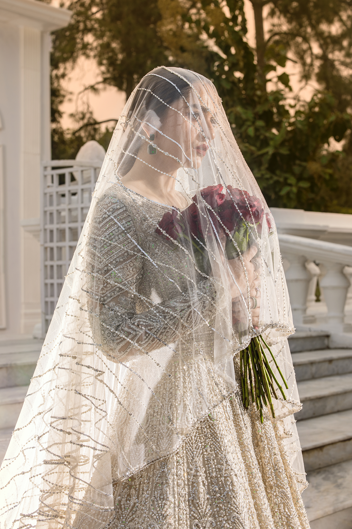 Pearl White Zardozi Net Bridal Gown (2-Piece) - Image 13