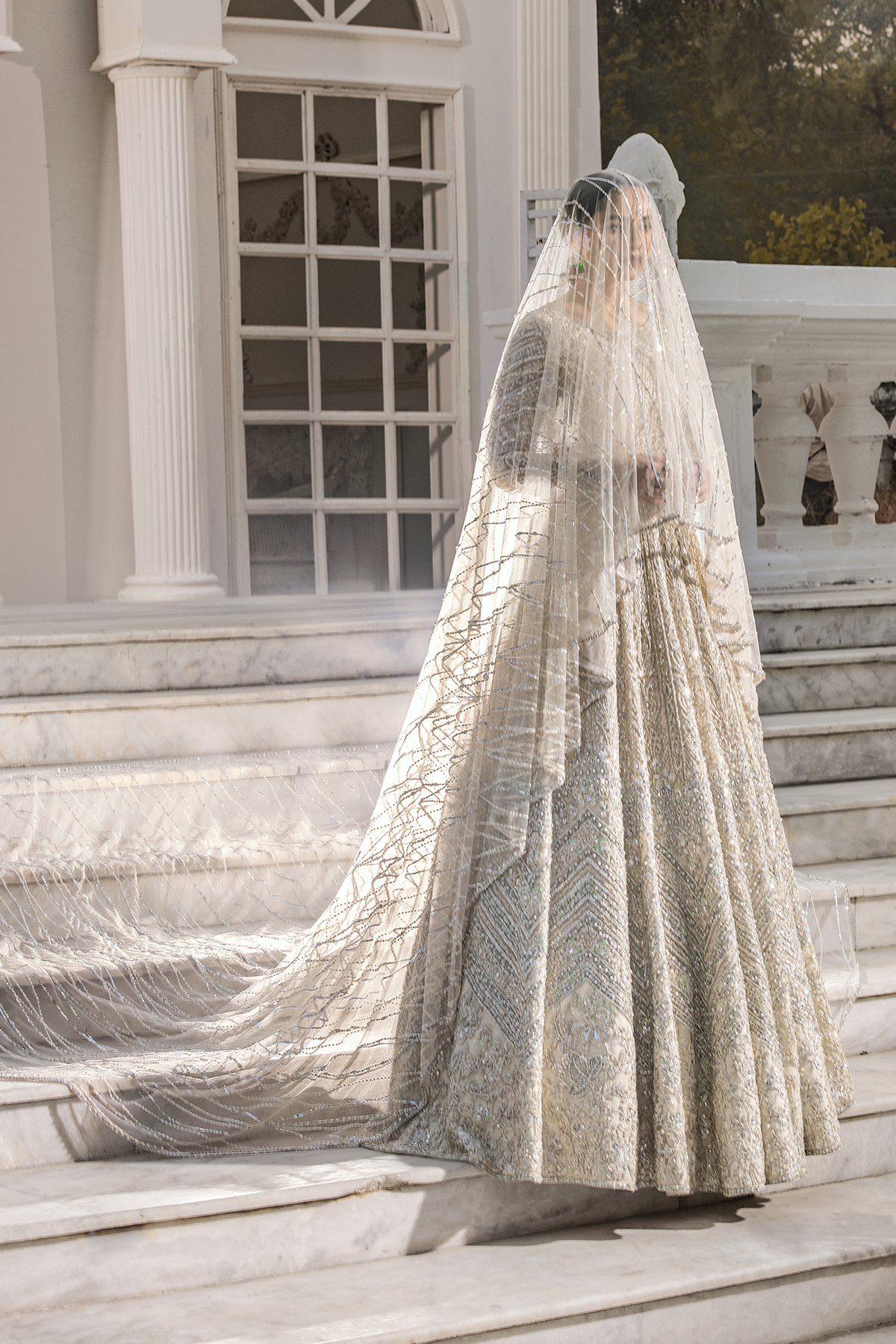 Pearl White Zardozi Net Bridal Gown (2-Piece) - Image 14