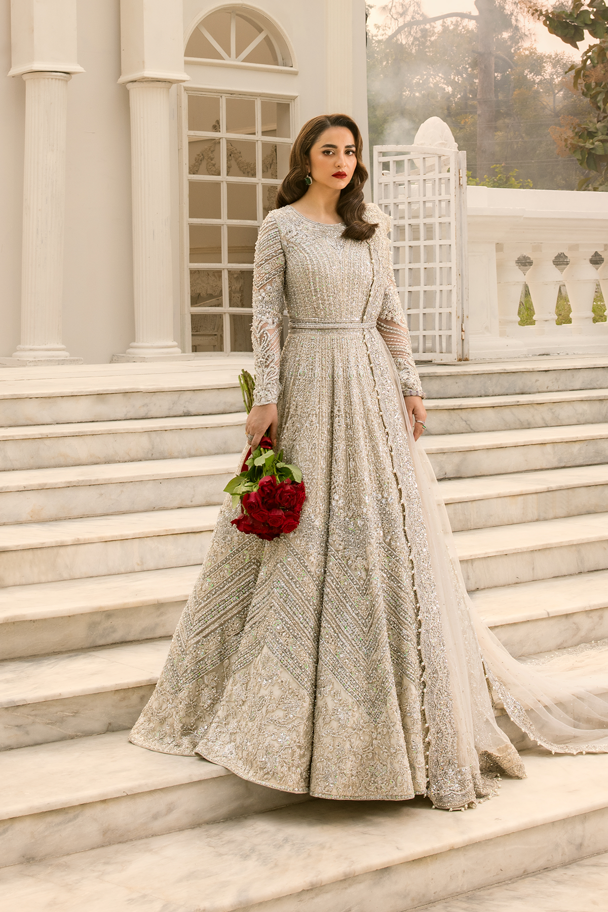 Pearl White Zardozi Net Bridal Gown (2-Piece) - Image 3
