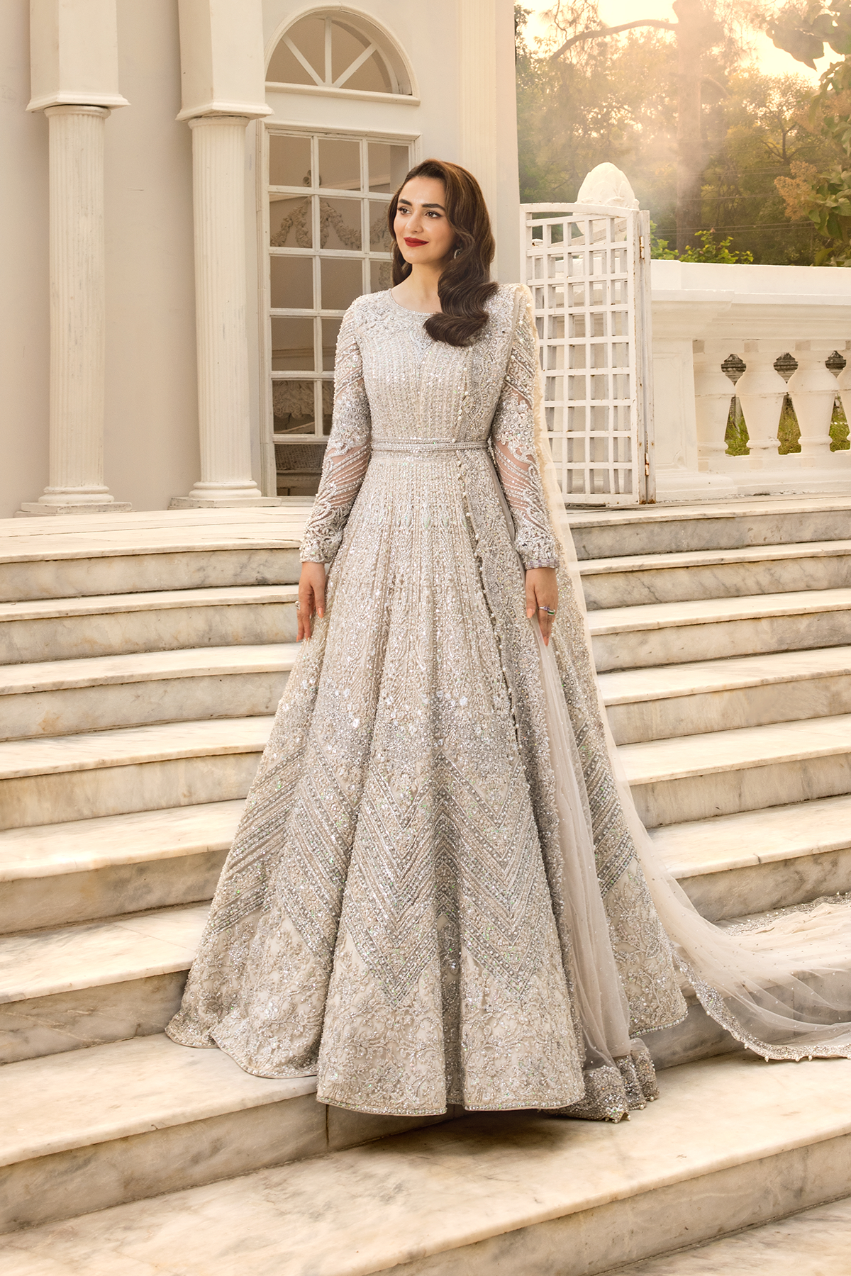 Pearl White Zardozi Net Bridal Gown (2-Piece) - Image 6