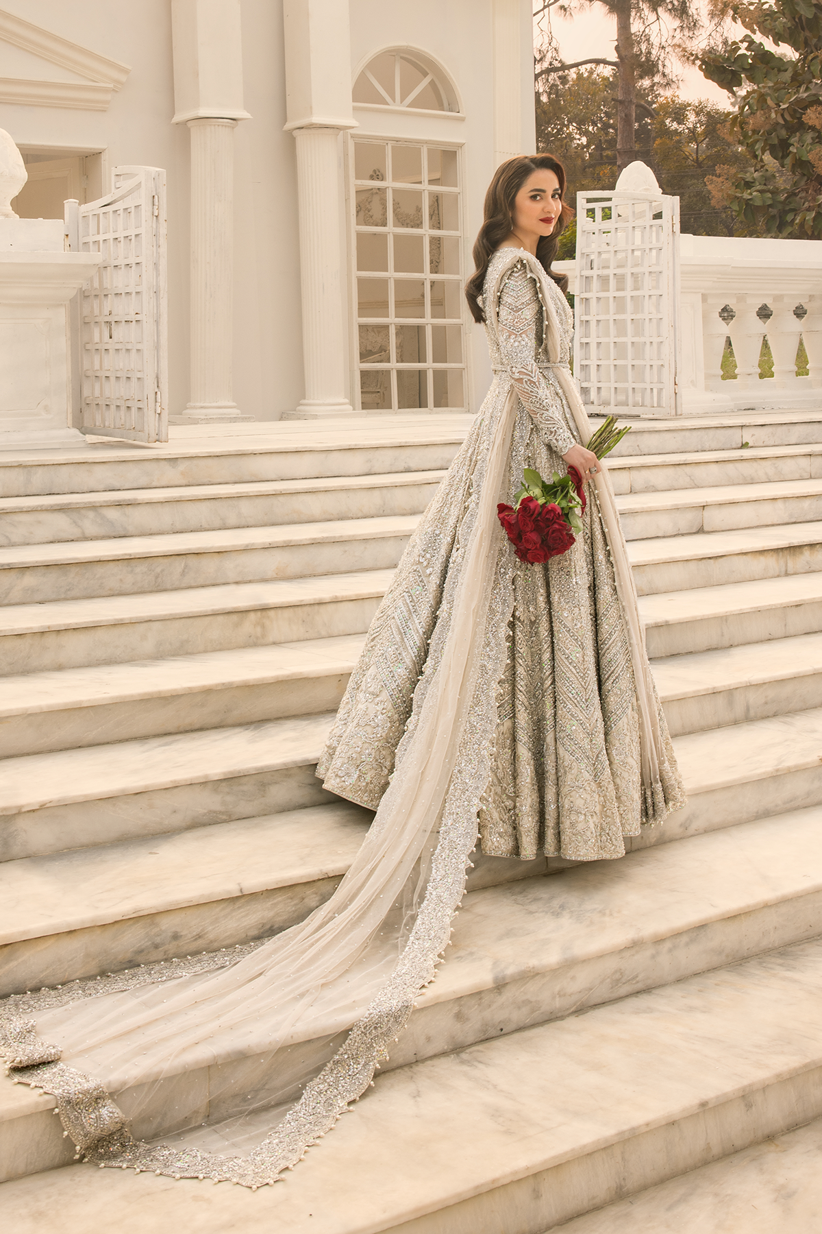 Pearl White Zardozi Net Bridal Maxi (2-Piece) - Image 2