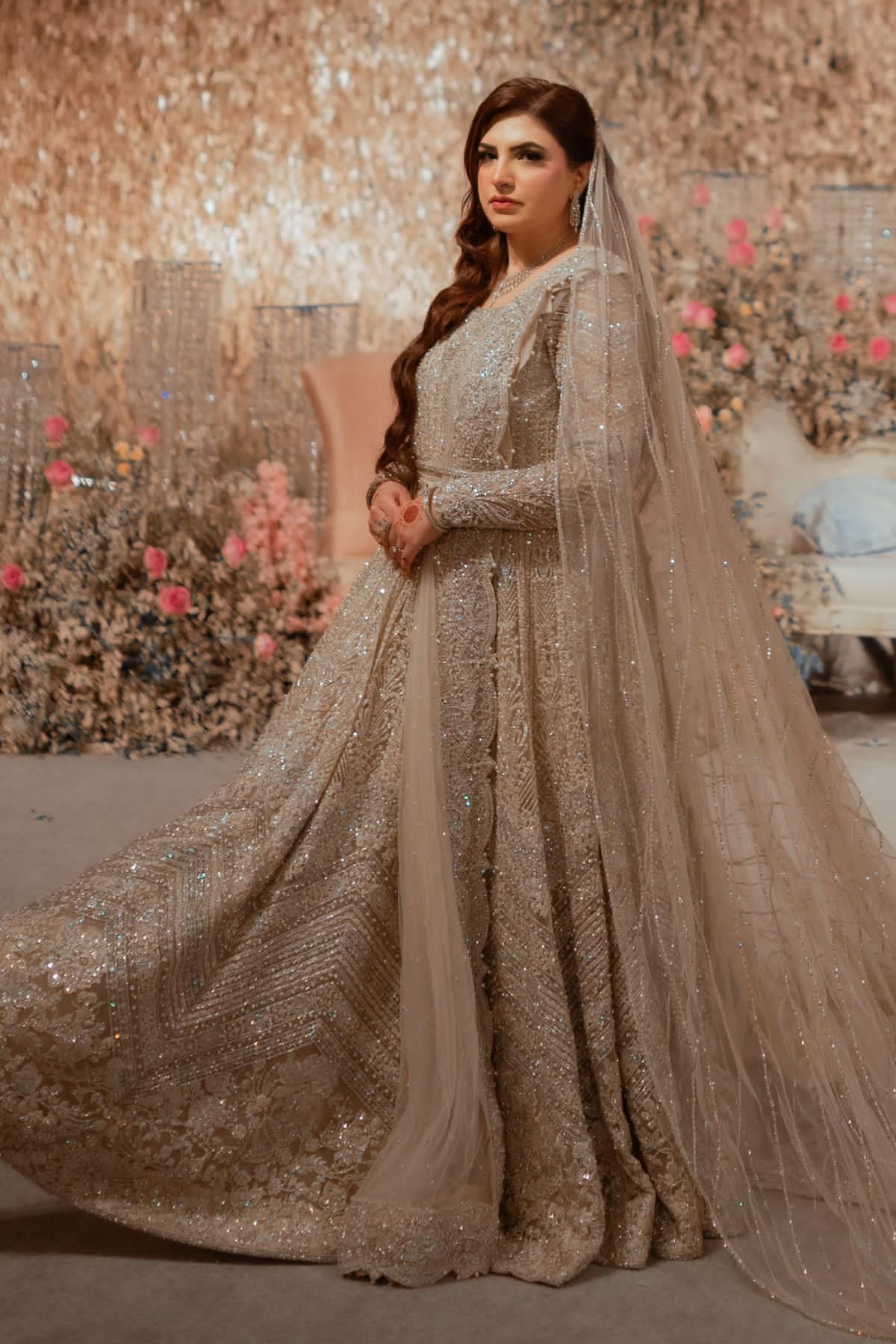 Pakistani Pearl White Zardozi Net Bridal Maxi (2-Piece) - Image 1