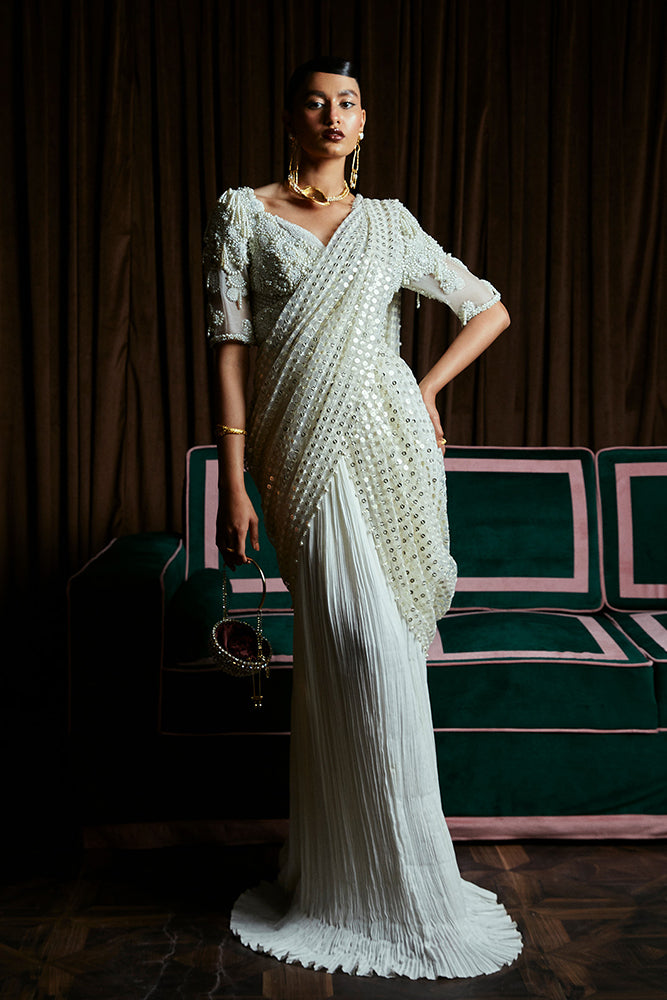 Pearl White Embellished Organza Silk Saree Gown (1-Pc) - Image 1