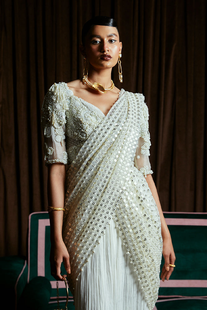 Pearl White Embellished Organza Silk Saree Gown (1-Pc) - Image 4