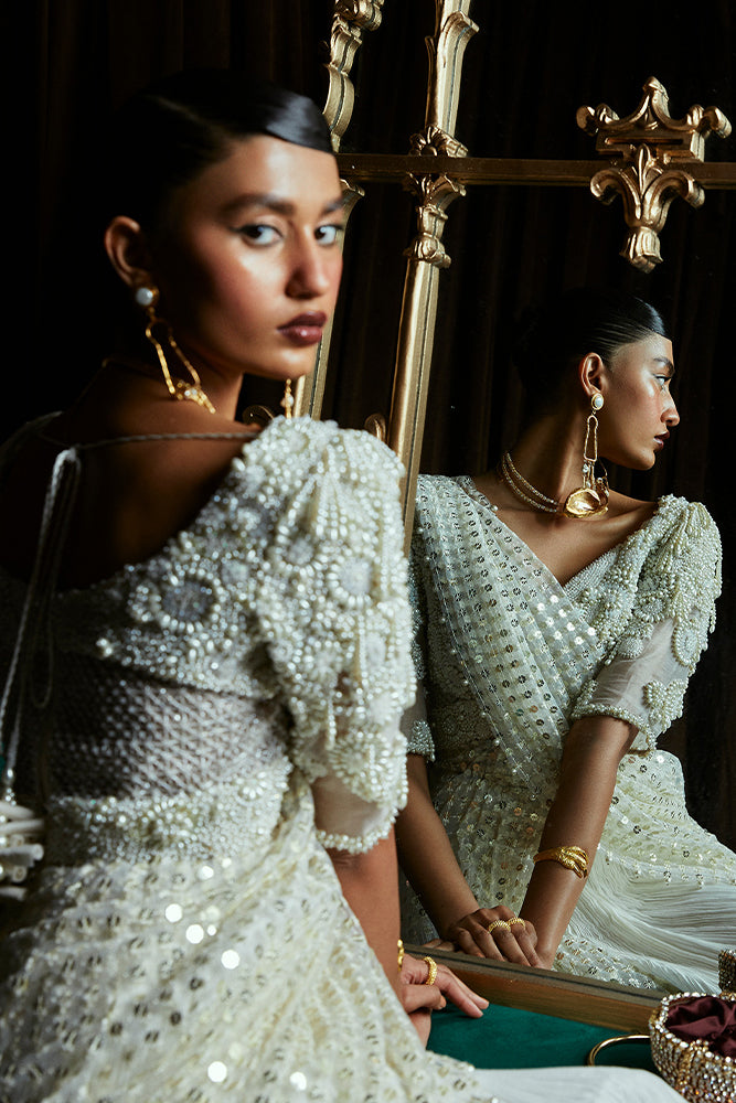 Pearl White Embellished Organza Silk Saree Gown (1-Pc) - Image 5