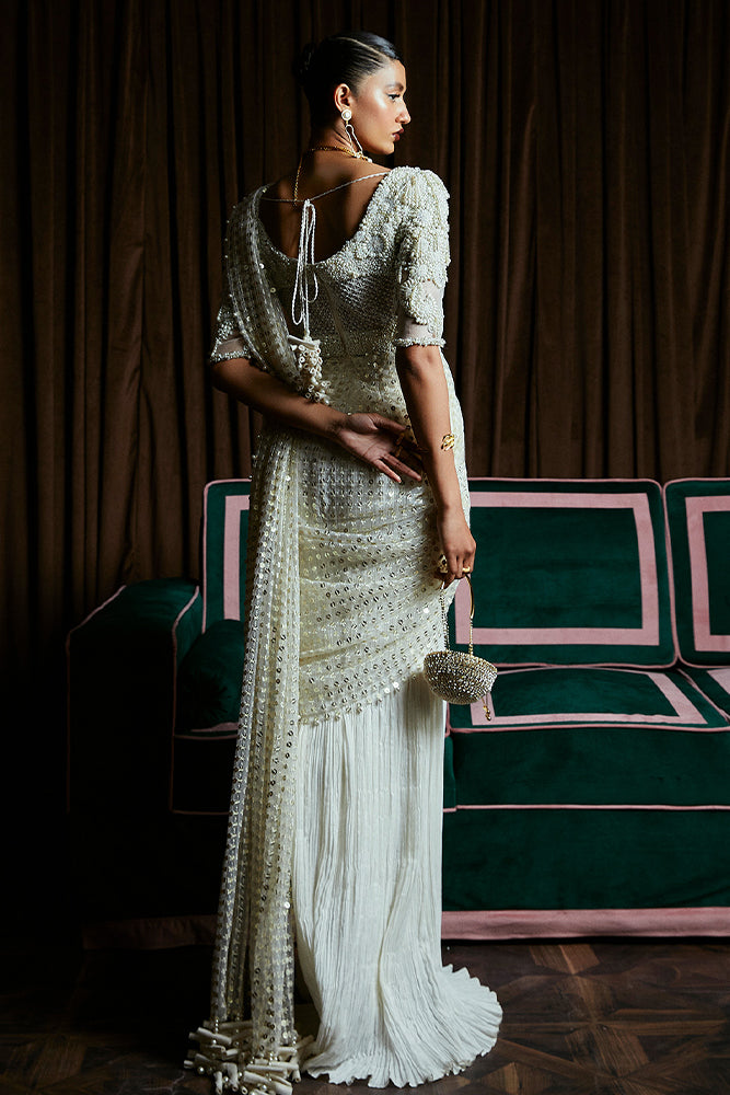 Pearl White Embellished Organza Silk Saree Gown (1-Pc) - Image 6