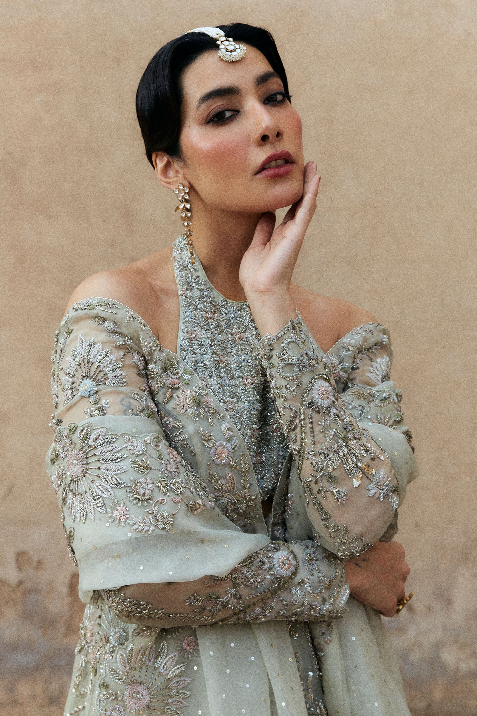 Pakistani White Crystal & Resham Organza Raw Silk Bridal Gown (2-Piece) - Image 1