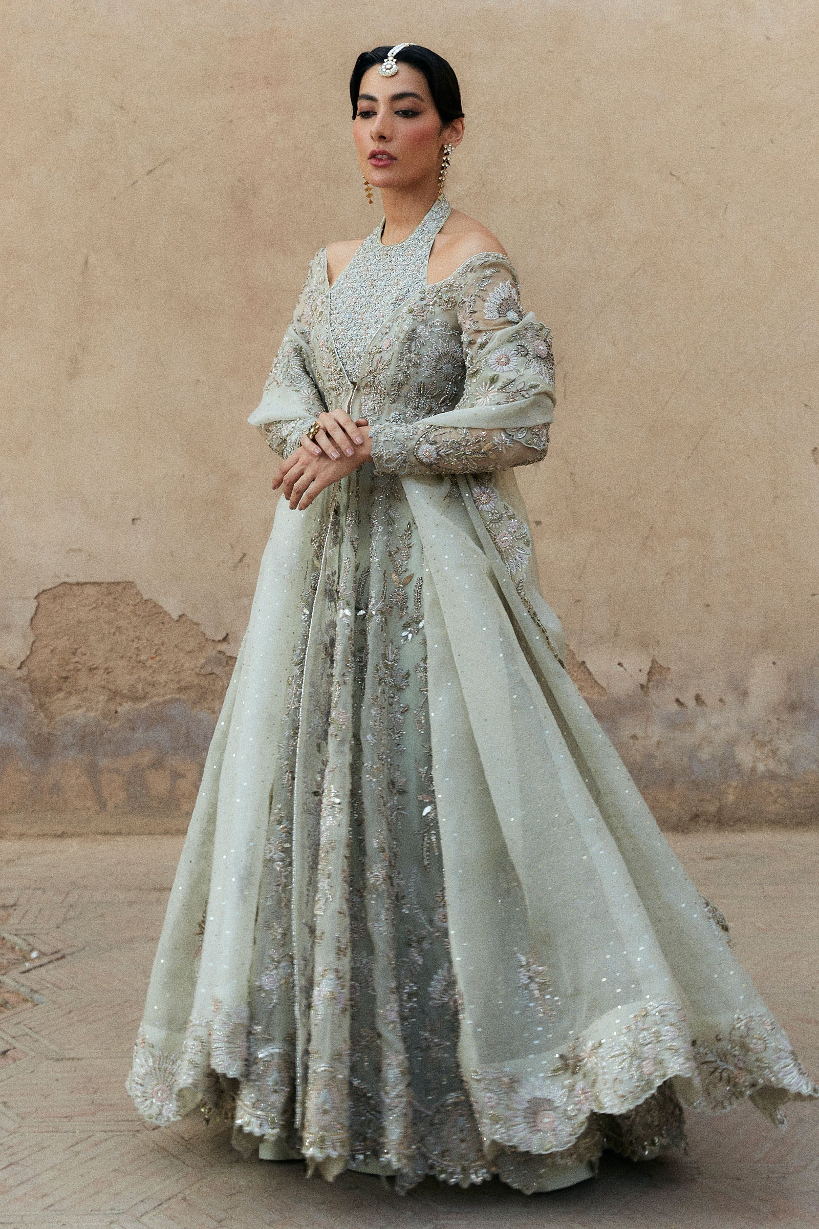 Pakistani White Crystal & Resham Organza Raw Silk Bridal Gown (2-Piece) - Image 2