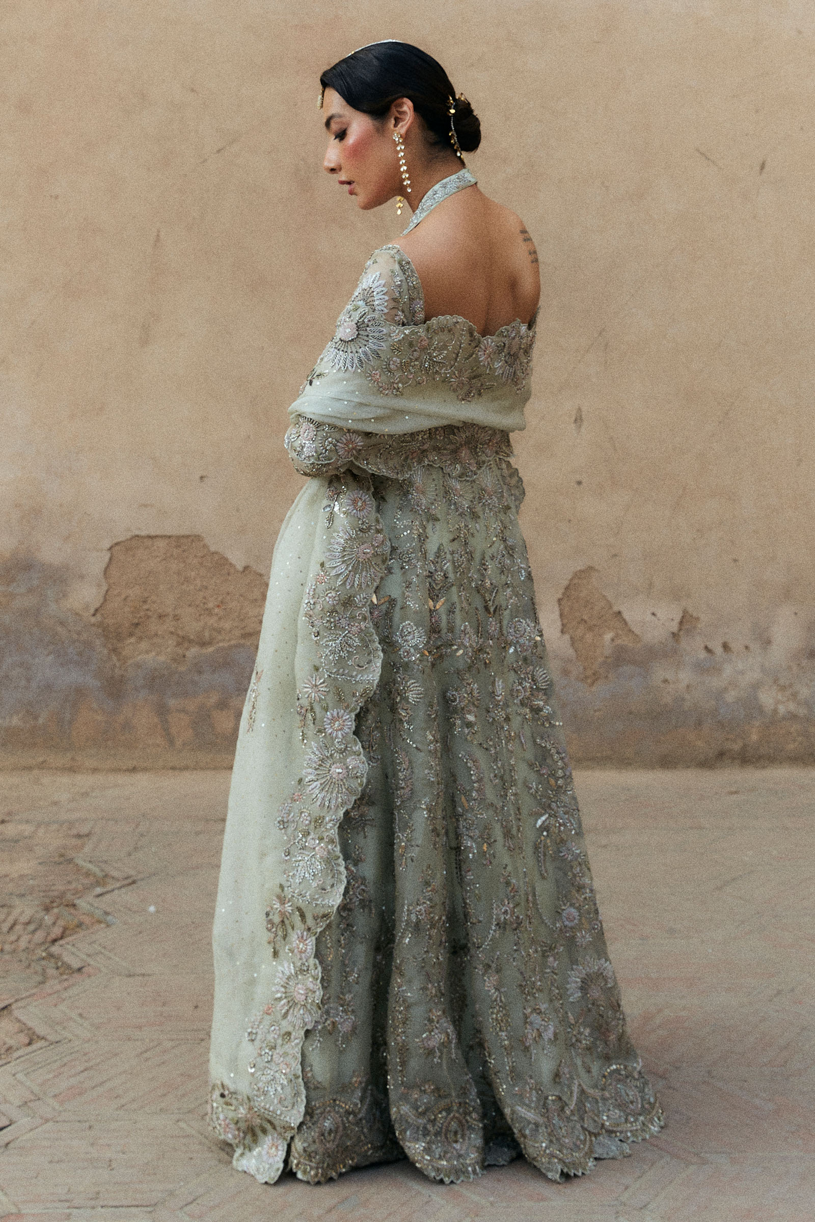 Pakistani White Crystal & Resham Organza Raw Silk Bridal Gown (2-Piece) - Image 3