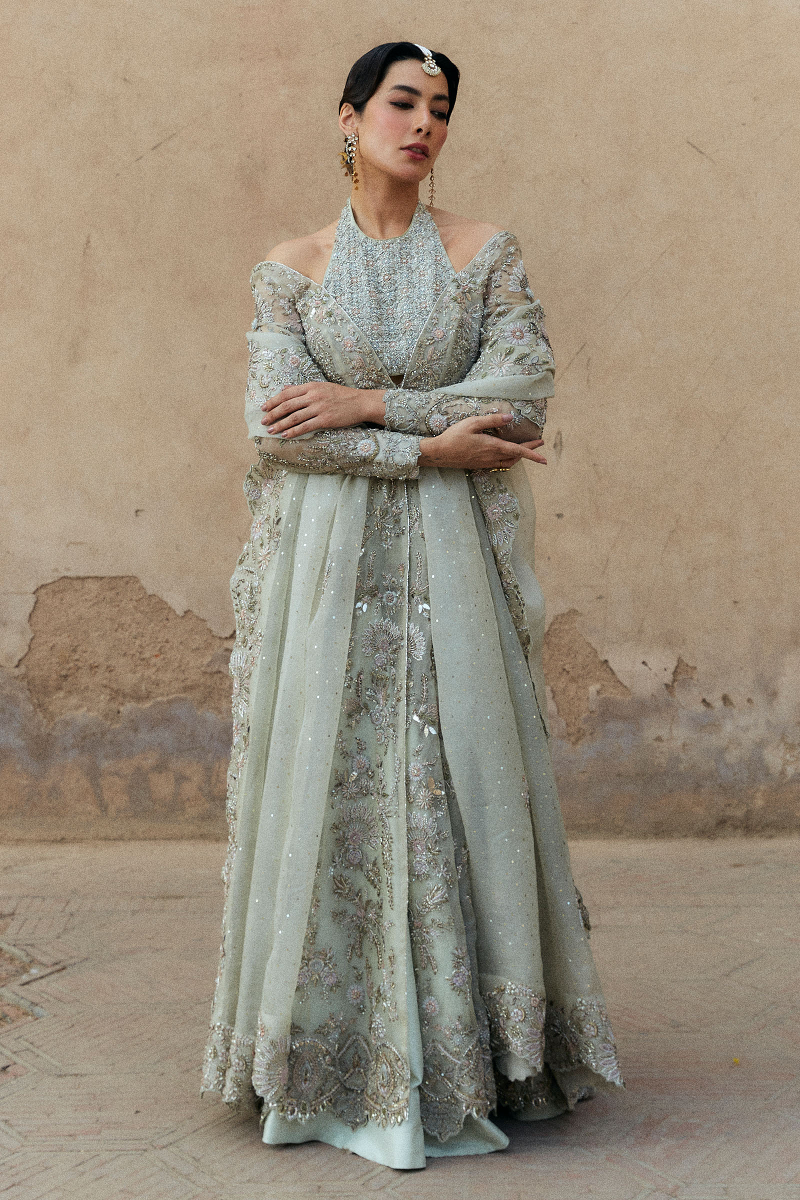 Pakistani White Crystal & Resham Organza Raw Silk Bridal Gown (2-Piece) - Image 4