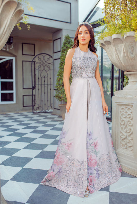 Pakistani White Embellished Organza Korean Raw Silk Gown (2-Piece) - Image 1