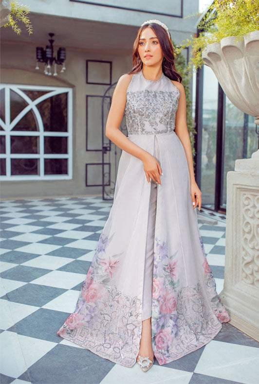 Pakistani White Embellished Organza Korean Raw Silk Gown (2-Piece) - Image 2