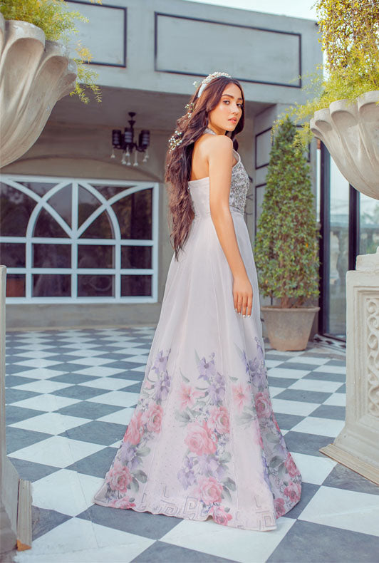 Pakistani White Embellished Organza Korean Raw Silk Gown (2-Piece) - Image 3