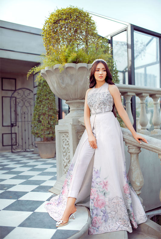 Pakistani White Embellished Organza Korean Raw Silk Gown (2-Piece) - Image 4