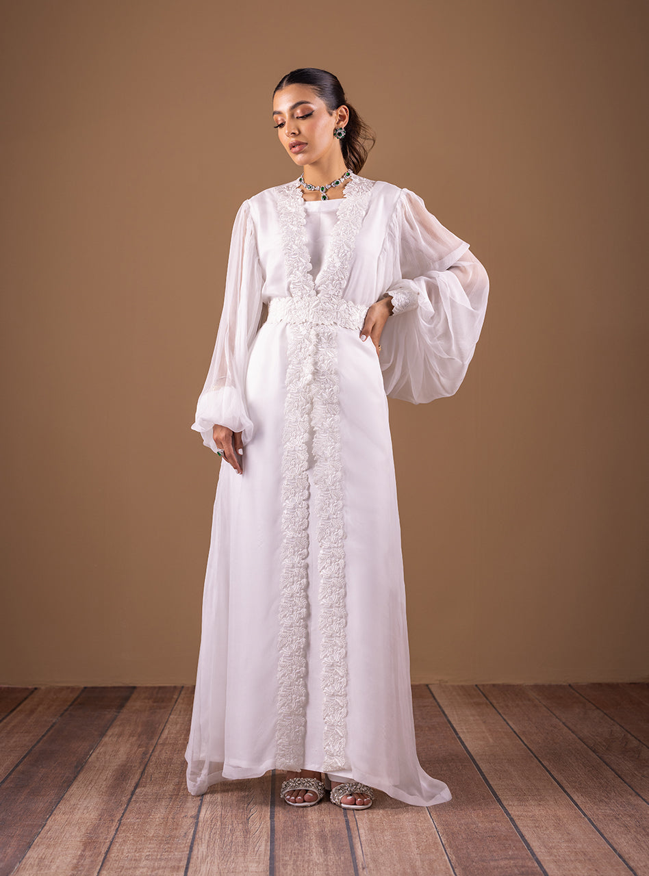 White Embroidered Organza Gown with Jacket (2-Piece) - Image 2