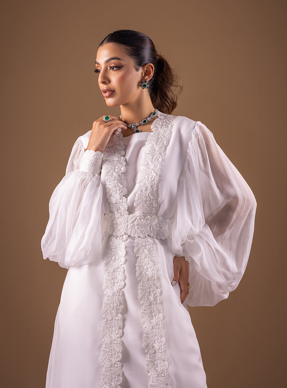 White Embroidered Organza Gown with Jacket (2-Piece) - Image 3