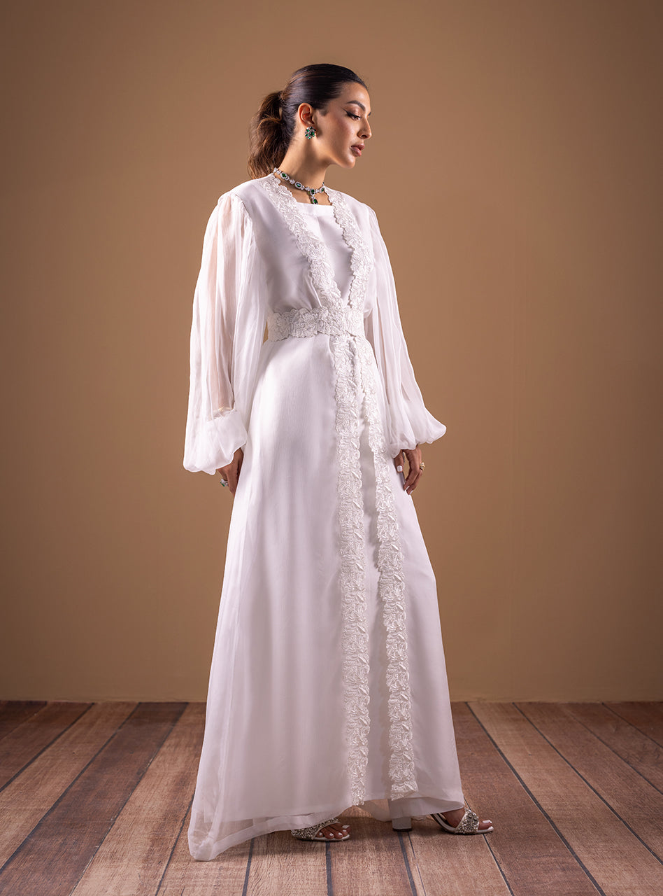 White Embroidered Organza Gown with Jacket (2-Piece) - Image 5