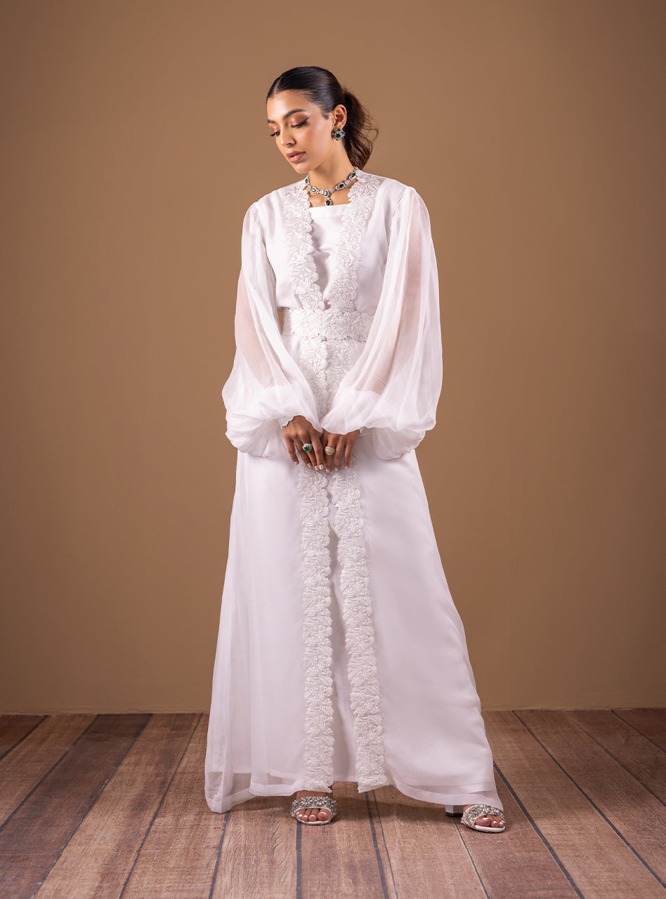 White Embroidered Organza Gown with Jacket (2-Piece) - Image 6