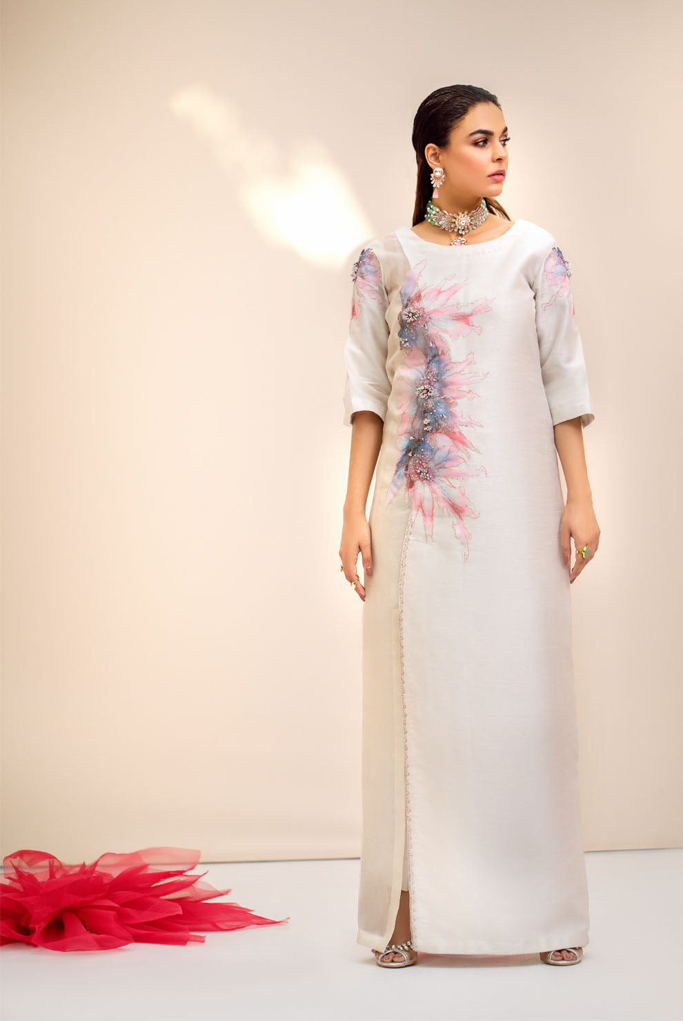 White 3D Embellished Raw Silk Gown (1-Pc) - Image 1