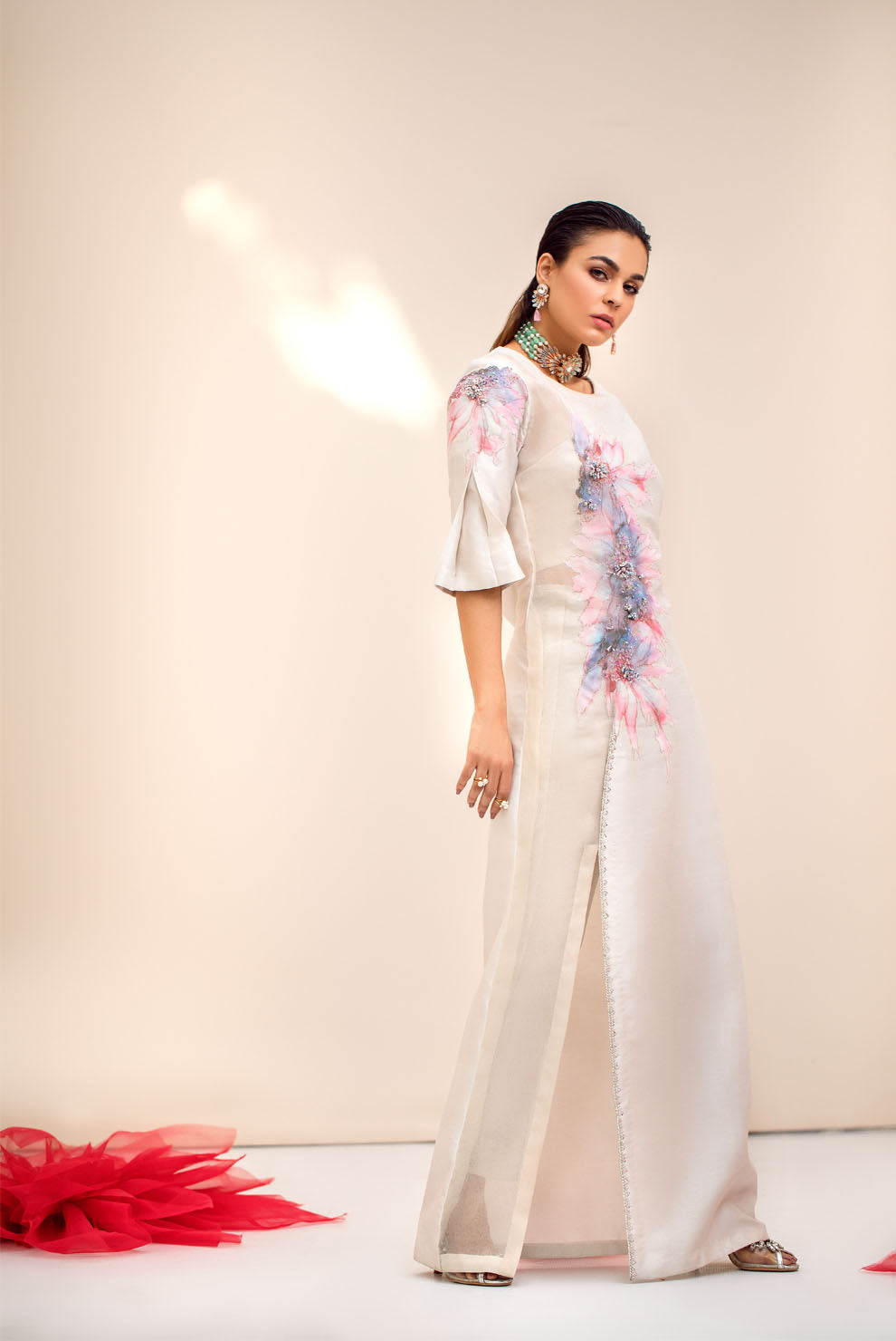 White 3D Embellished Raw Silk Gown (1-Pc) - Image 3