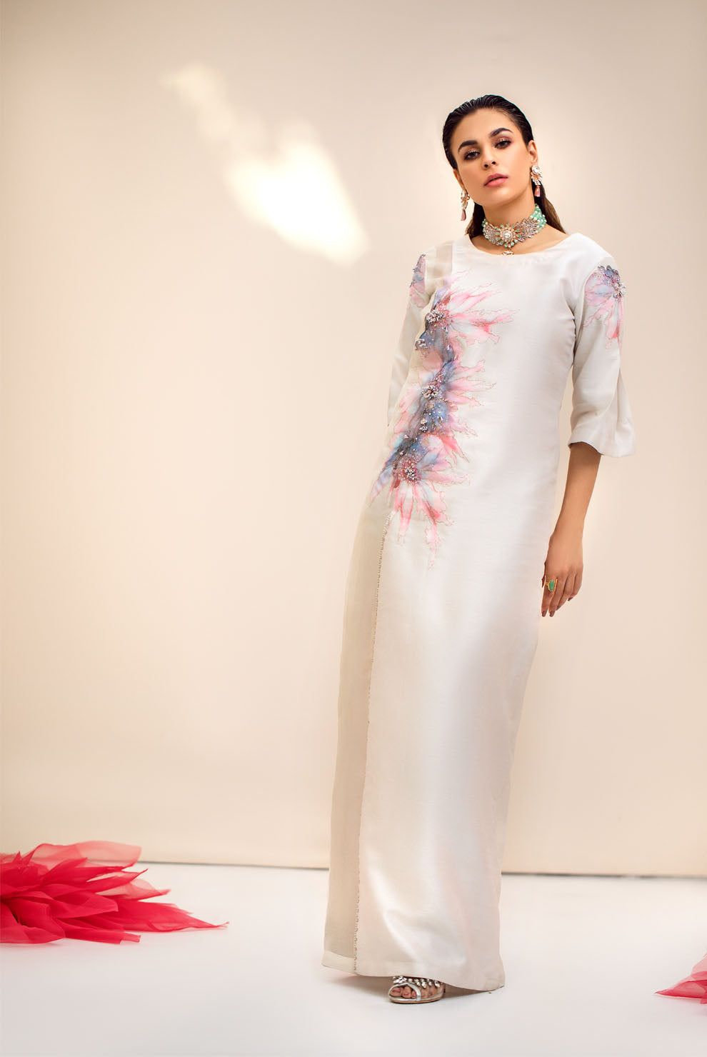 White 3D Embellished Raw Silk Gown (1-Pc) - Image 4