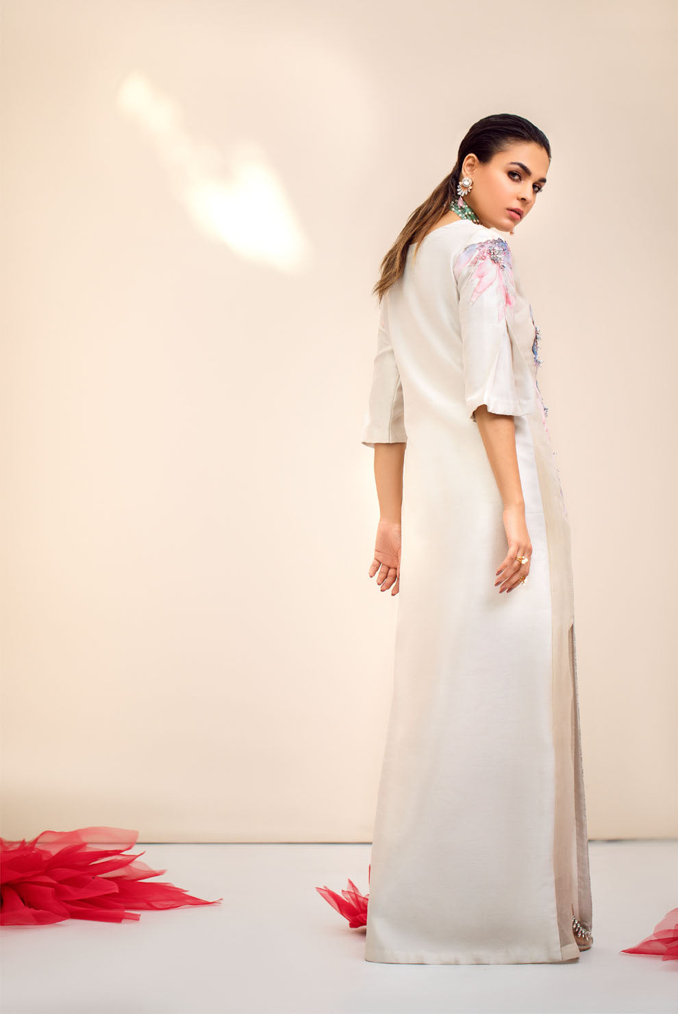 White 3D Embellished Raw Silk Gown (1-Pc) - Image 6