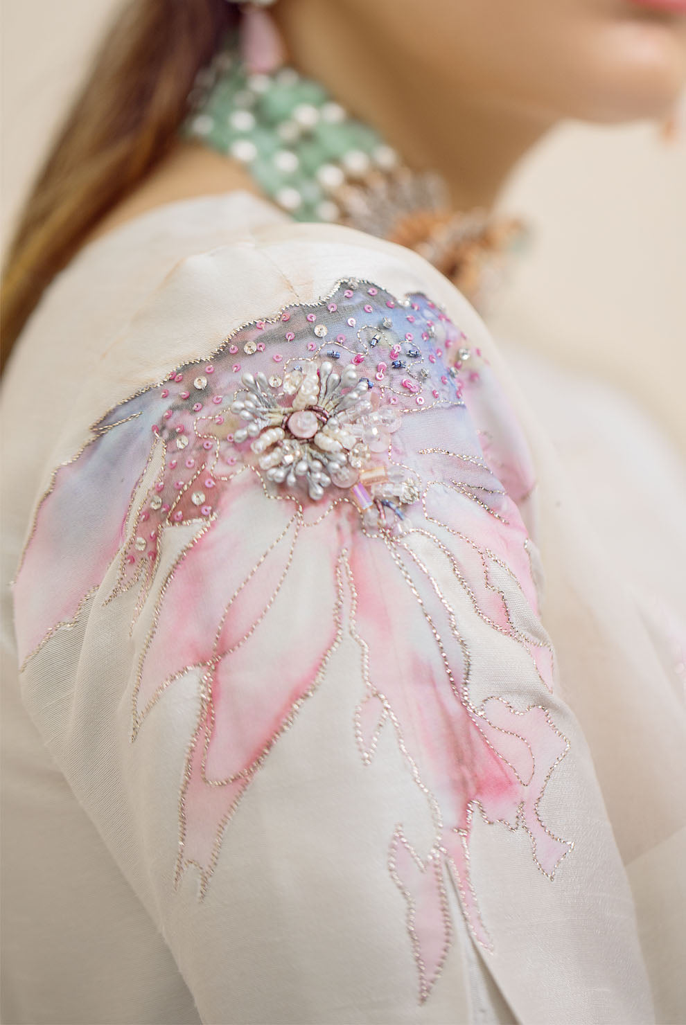 White 3D Embellished Raw Silk Gown (1-Pc) - Image 9