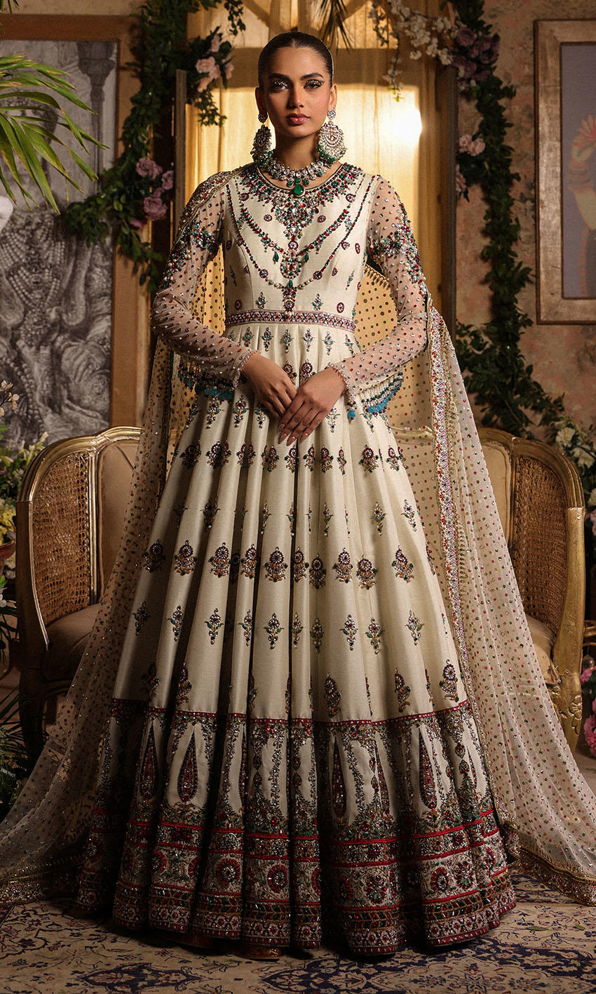 Pakistani White Hand-Embellished Raw Silk Bridal Gown (2-Piece) - Image 1