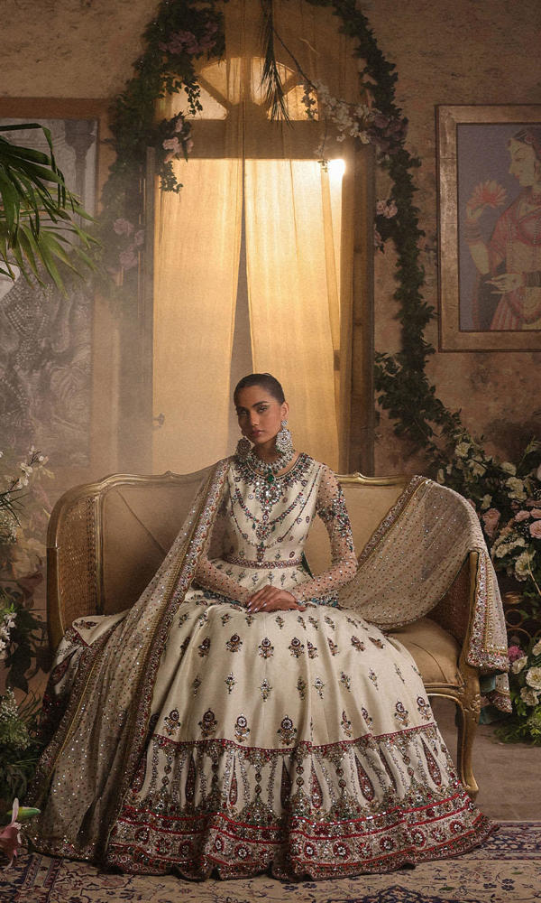 Pakistani White Hand-Embellished Raw Silk Bridal Gown (2-Piece) - Image 10