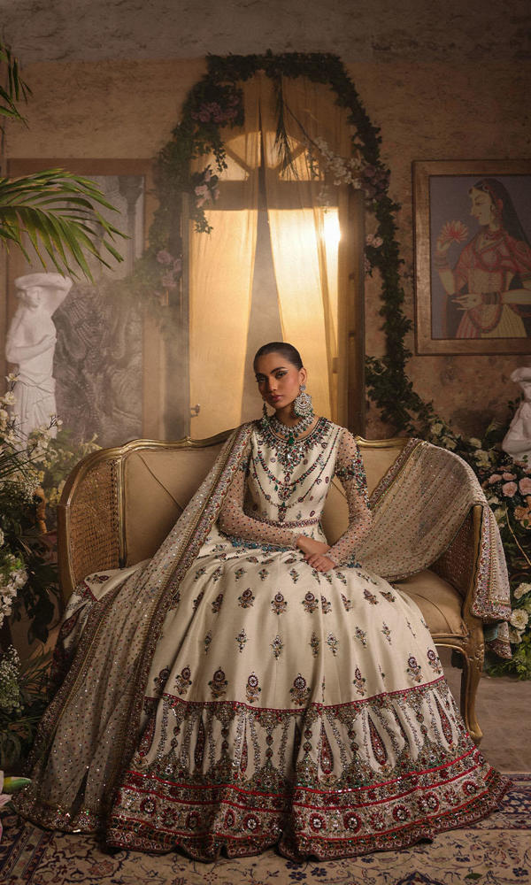 Pakistani White Hand-Embellished Raw Silk Bridal Gown (2-Piece) - Image 11