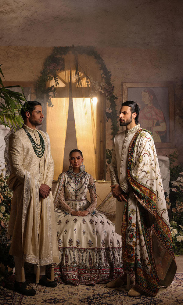 Pakistani White Hand-Embellished Raw Silk Bridal Gown (2-Piece) - Image 12