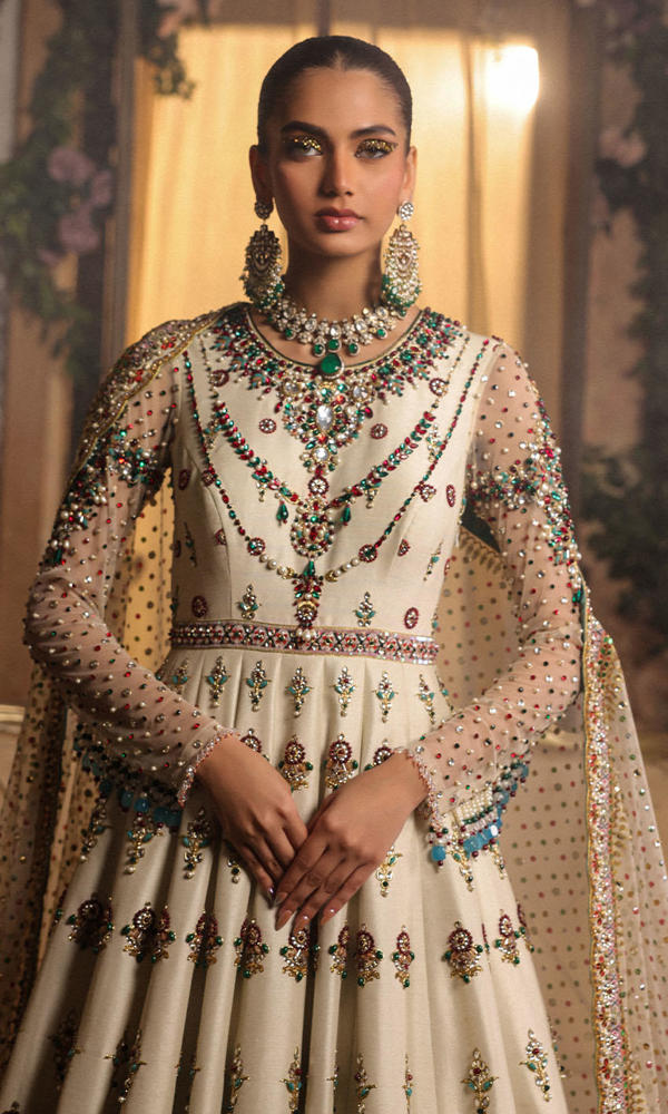 Pakistani White Hand-Embellished Raw Silk Bridal Gown (2-Piece) - Image 3