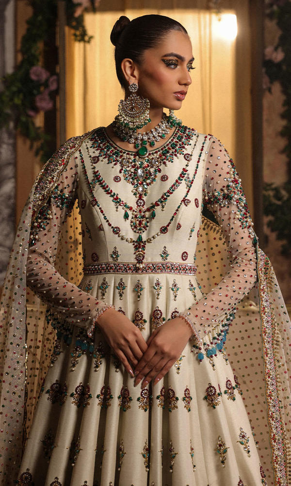 Pakistani White Hand-Embellished Raw Silk Bridal Gown (2-Piece) - Image 4