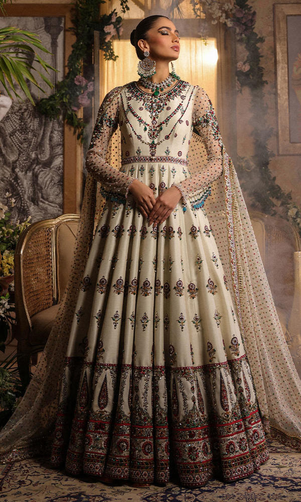Pakistani White Hand-Embellished Raw Silk Bridal Gown (2-Piece) - Image 5