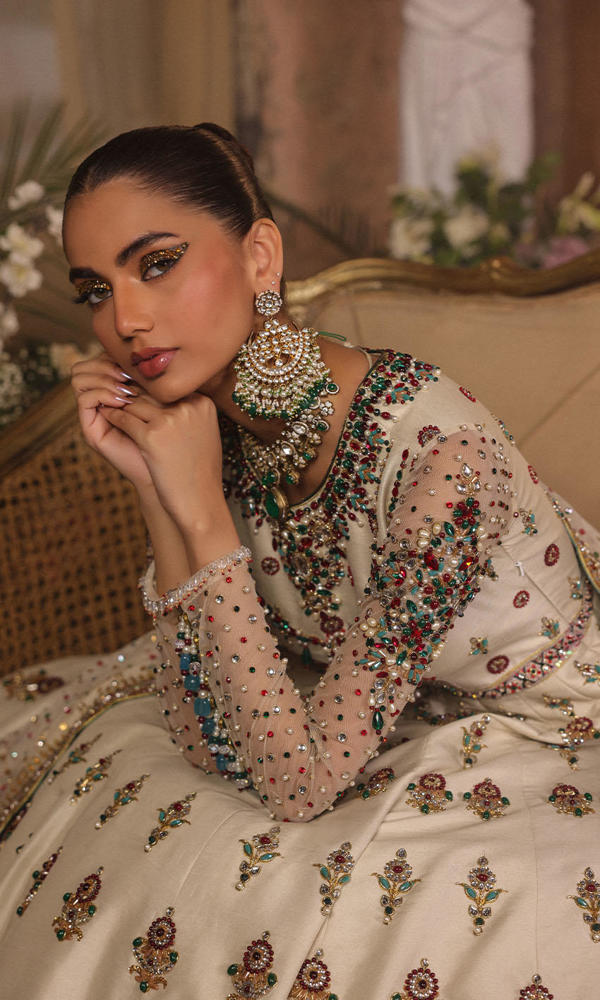 Pakistani White Hand-Embellished Raw Silk Bridal Gown (2-Piece) - Image 8