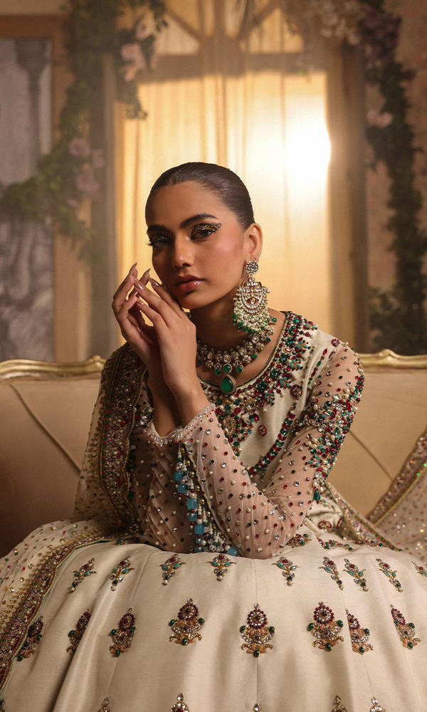 Pakistani White Hand-Embellished Raw Silk Bridal Gown (2-Piece) - Image 9