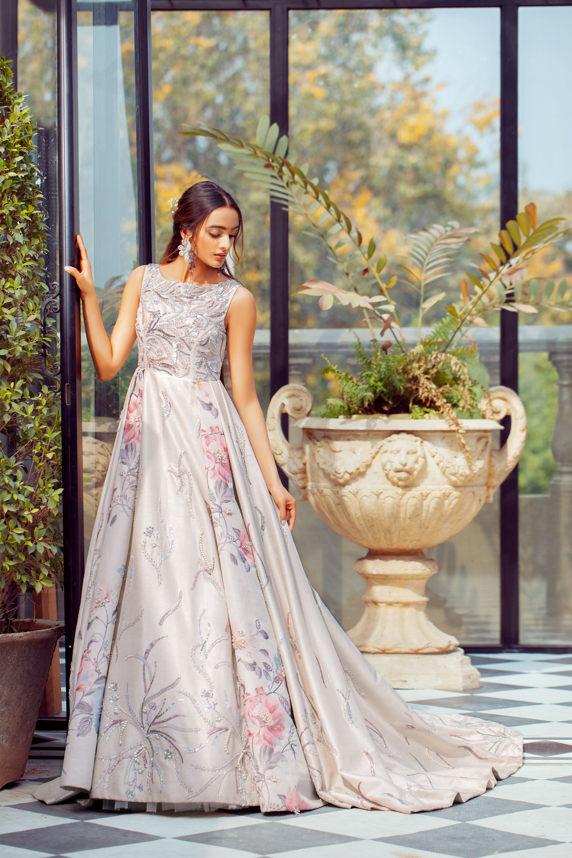 Pakistani White Floral Embellished Korean Raw Silk Gown (1-Pc) - Image 1