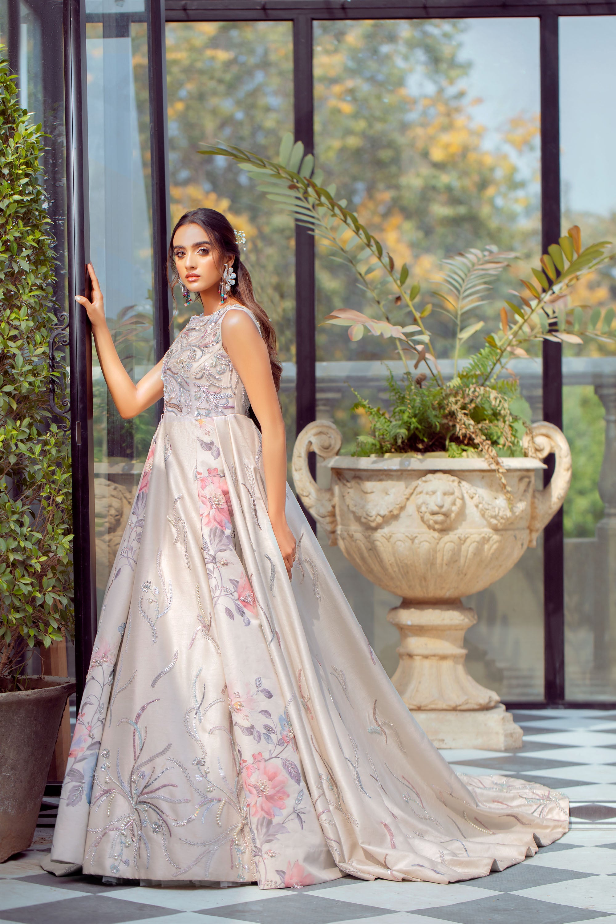 Pakistani White Floral Embellished Korean Raw Silk Gown (1-Pc) - Image 2