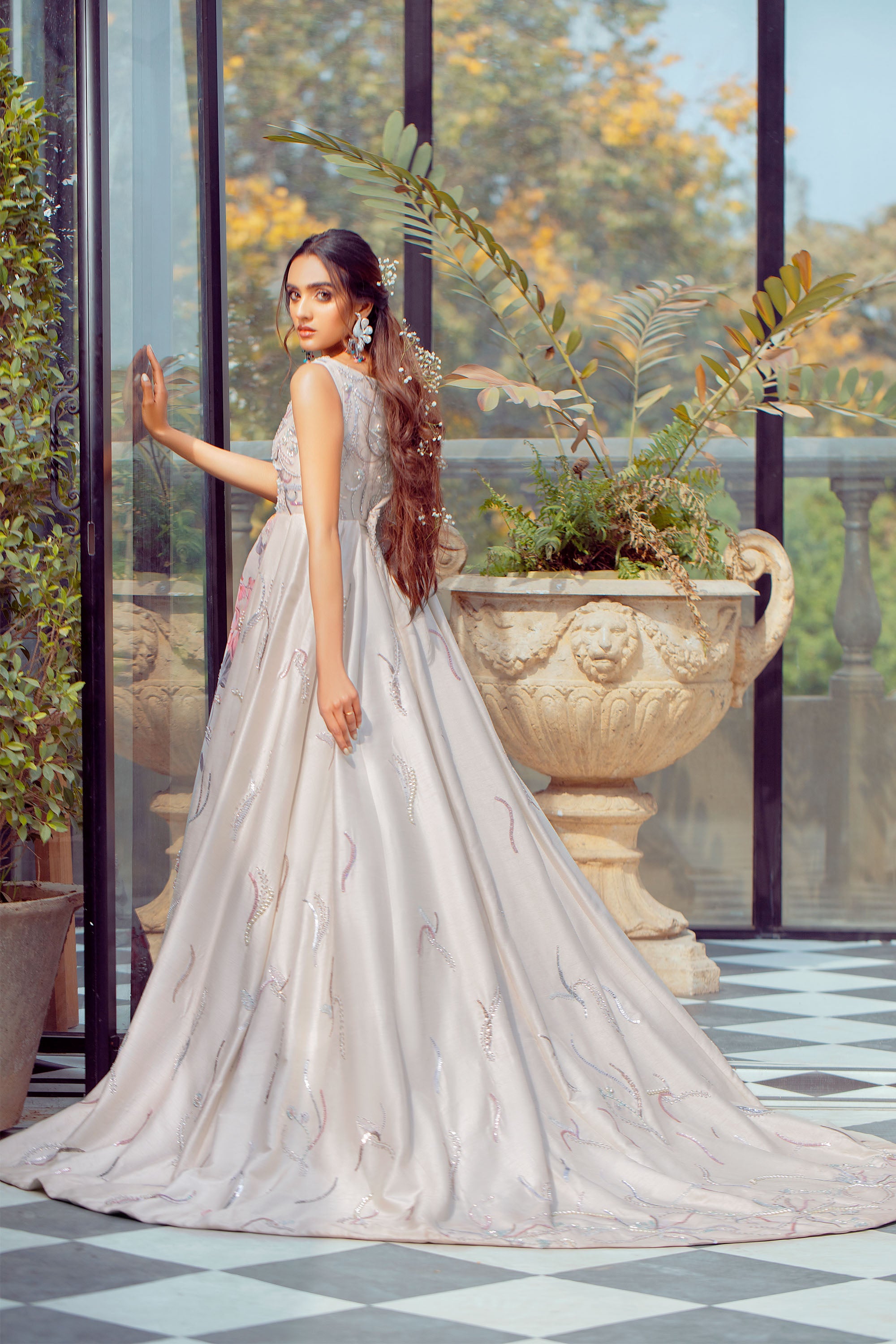 Pakistani White Floral Embellished Korean Raw Silk Gown (1-Pc) - Image 3