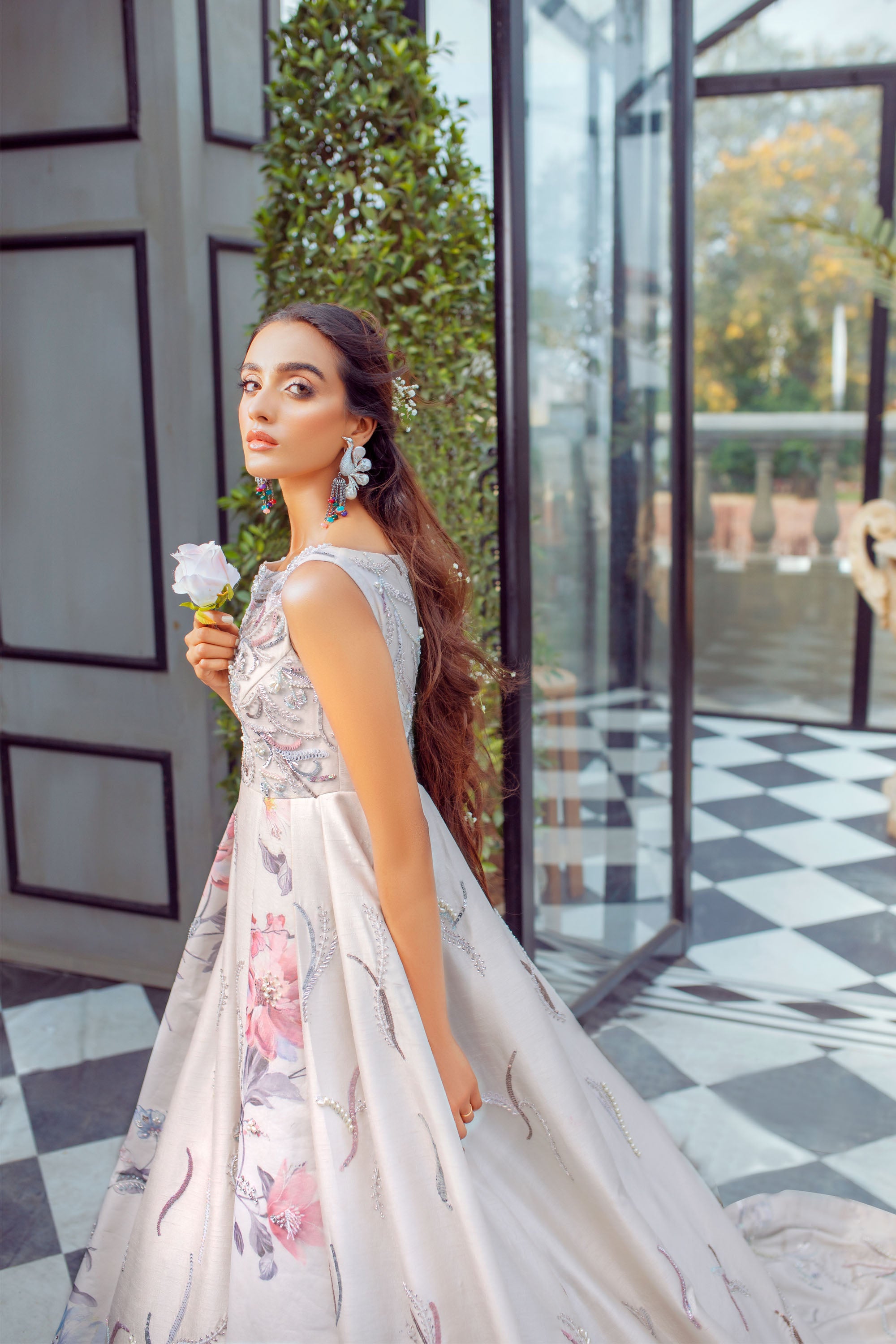 Pakistani White Floral Embellished Korean Raw Silk Gown (1-Pc) - Image 4