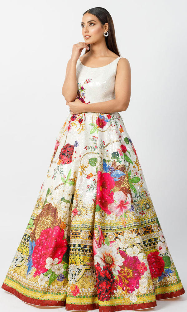 Pakistani White Floral Printed Satin-Blend Lehenga Gown (1-Pc) - Image 2