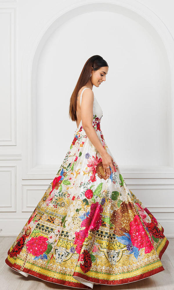 Pakistani White Floral Printed Satin-Blend Lehenga Gown (1-Pc) - Image 4